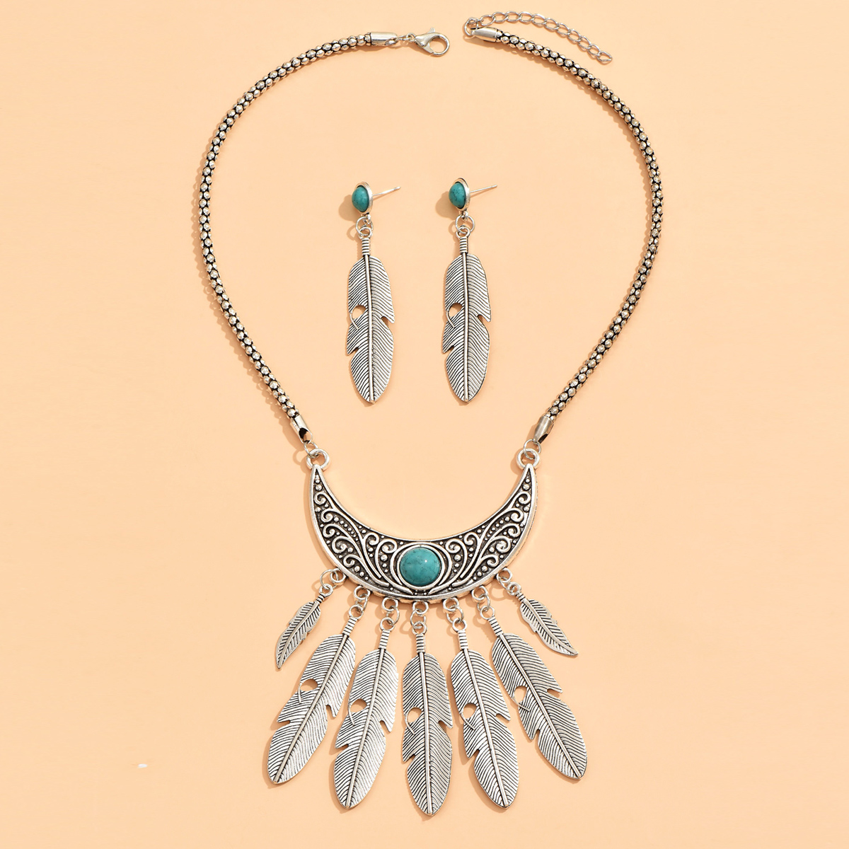 Ethnic Style Geometric Alloy Inlay Turquoise Womenu0027S Earrings Necklace 1 Set