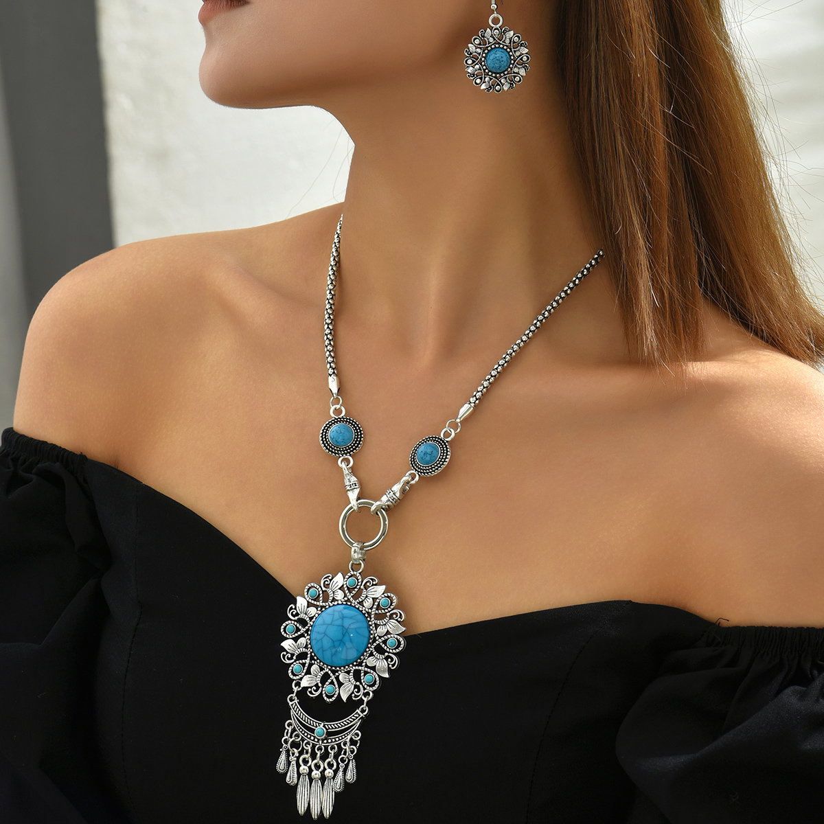 Ethnic Style Geometric Alloy Inlay Turquoise Womenu0027S Earrings Necklace 1 Set