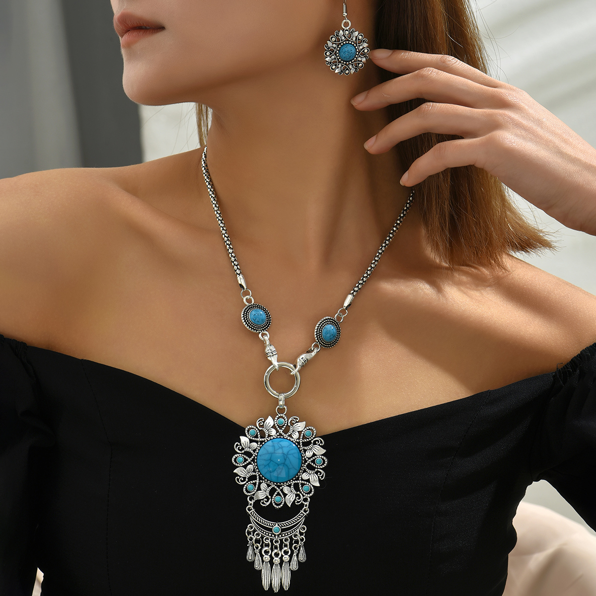 Ethnic Style Geometric Alloy Inlay Turquoise Womenu0027S Earrings Necklace 1 Set