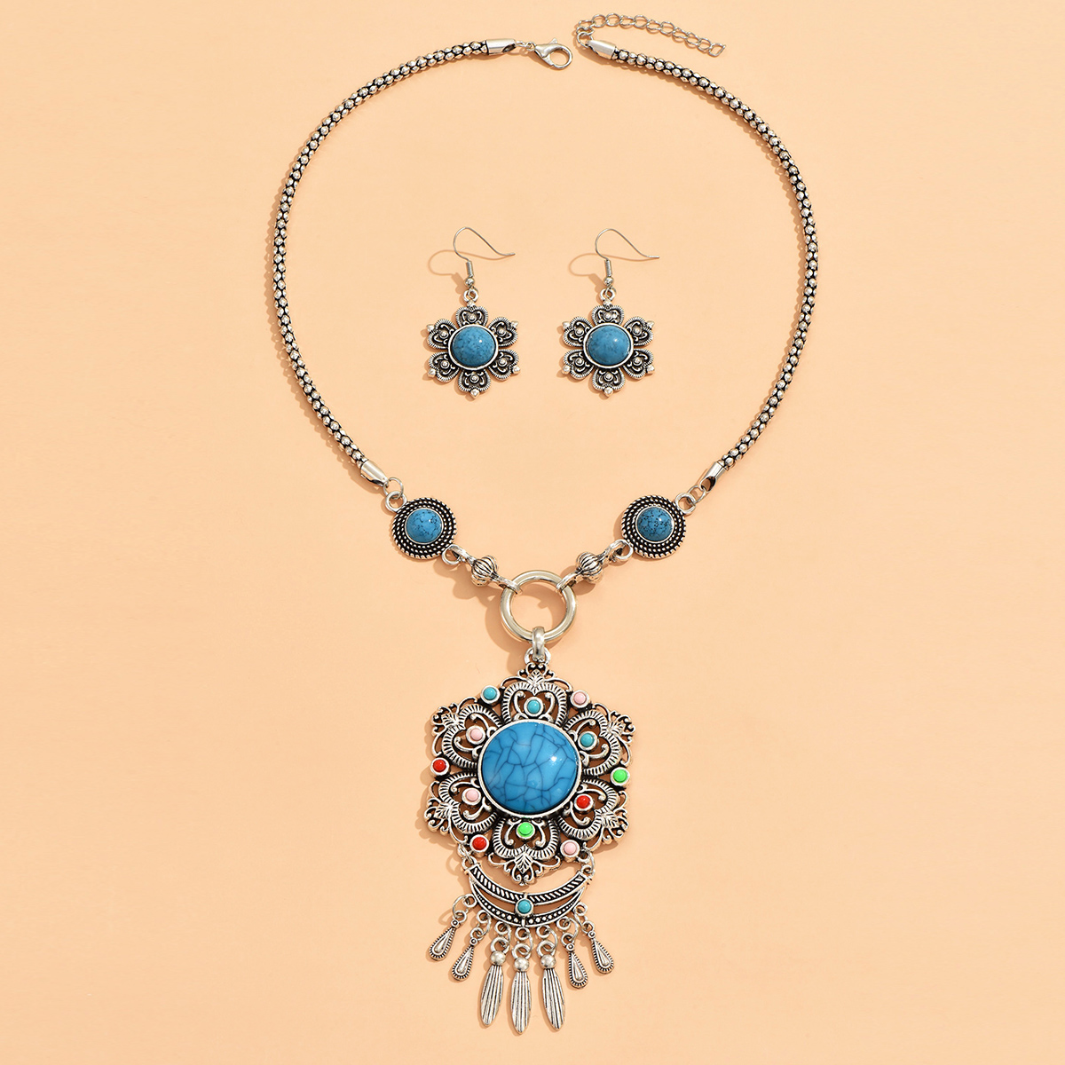 Ethnic Style Geometric Alloy Inlay Turquoise Womenu0027S Earrings Necklace 1 Set