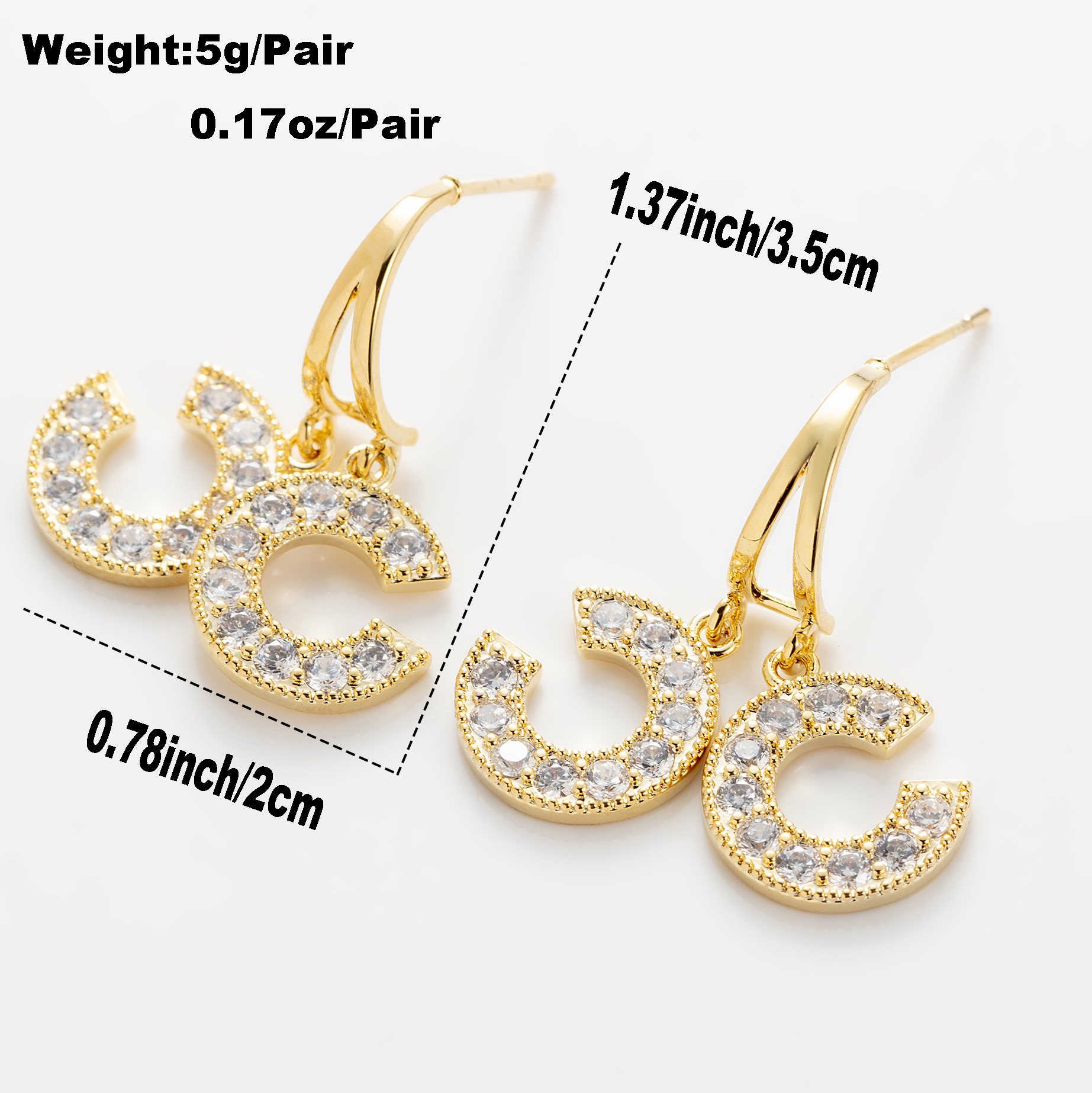 Fashion C Shape Letter Copper Inlay Zircon Drop Earrings 1 Pair