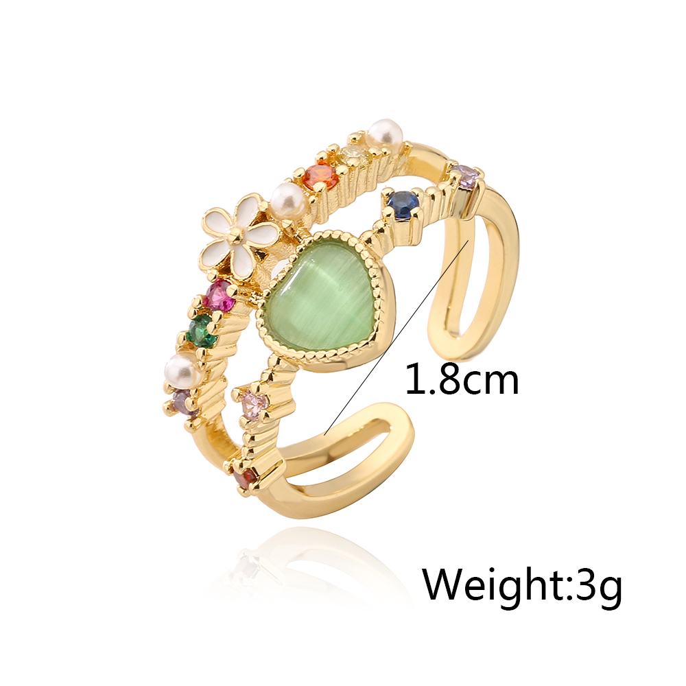 Fashion Heart Shape Flower Copper Inlay Zircon Open Ring 1 Piece