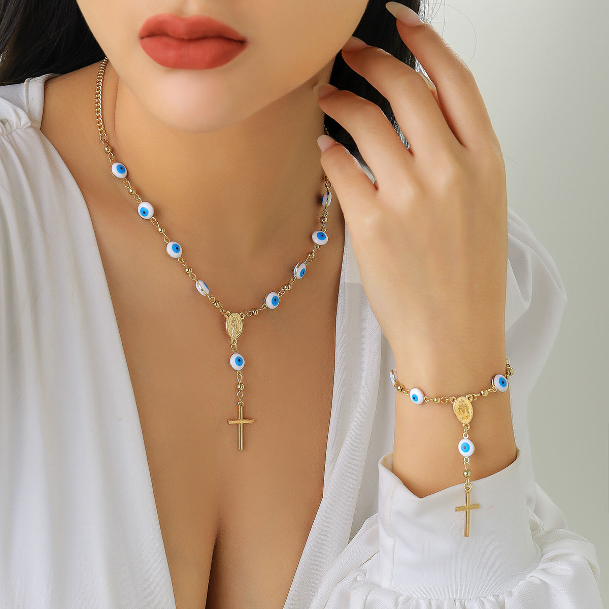 Ethnic Style Cross Devilu0027S Eye Alloy Enamel Acrylic Womenu0027S Bracelets Necklace