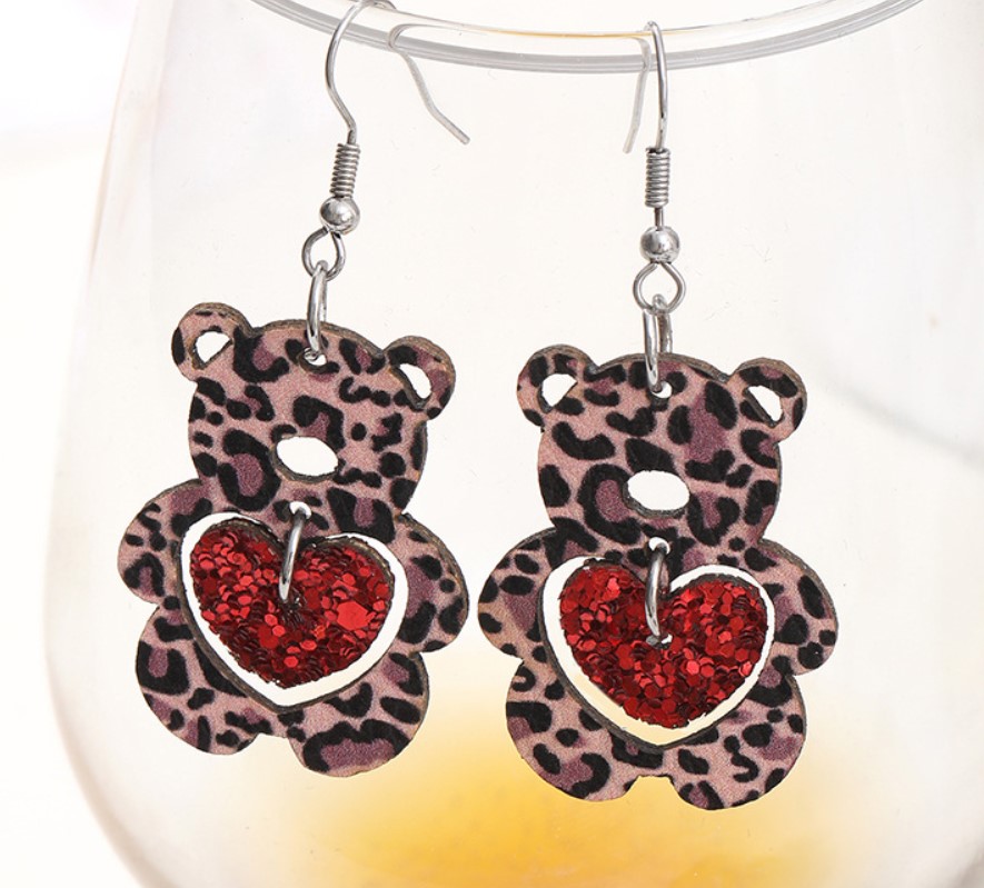 Cute Bear Heart Shape Sequin Pu Leather Hollow Out Womenu0027S Drop Earrings 1 Pair