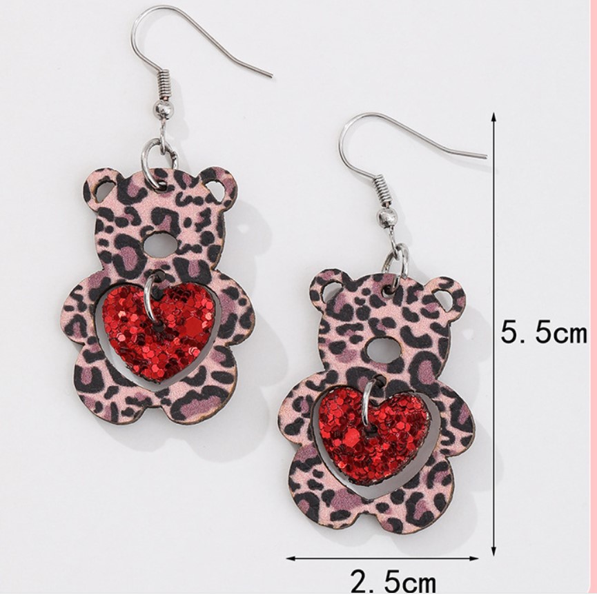 Cute Bear Heart Shape Sequin Pu Leather Hollow Out Womenu0027S Drop Earrings 1 Pair