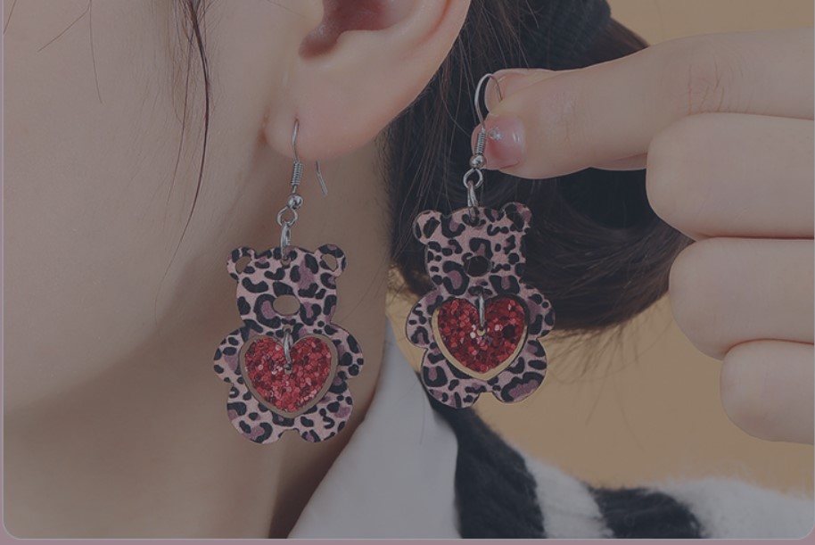 Cute Bear Heart Shape Sequin Pu Leather Hollow Out Womenu0027S Drop Earrings 1 Pair