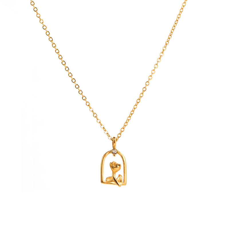 Fashion Rose Butterfly Stainless Steel Gold Plated Pendant Necklace 1 Piece