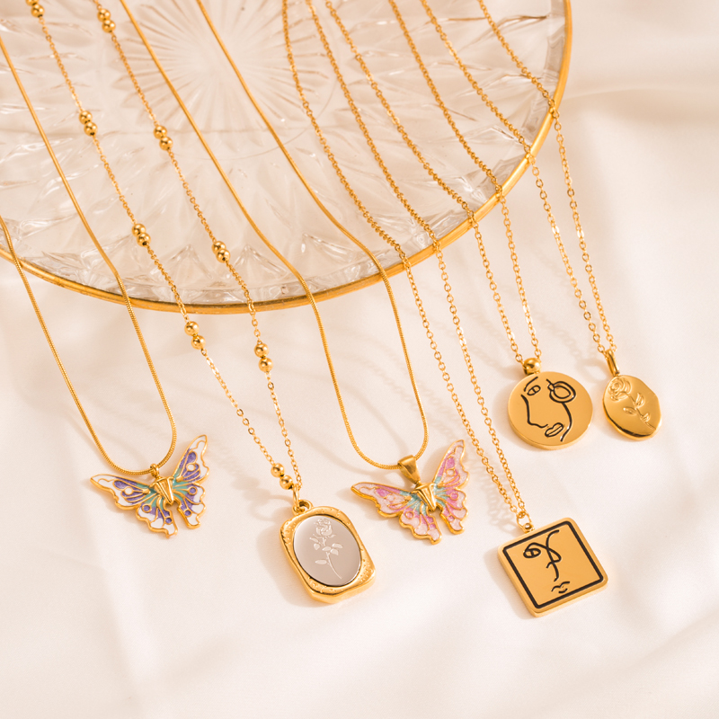 Fashion Rose Butterfly Stainless Steel Gold Plated Pendant Necklace 1 Piece