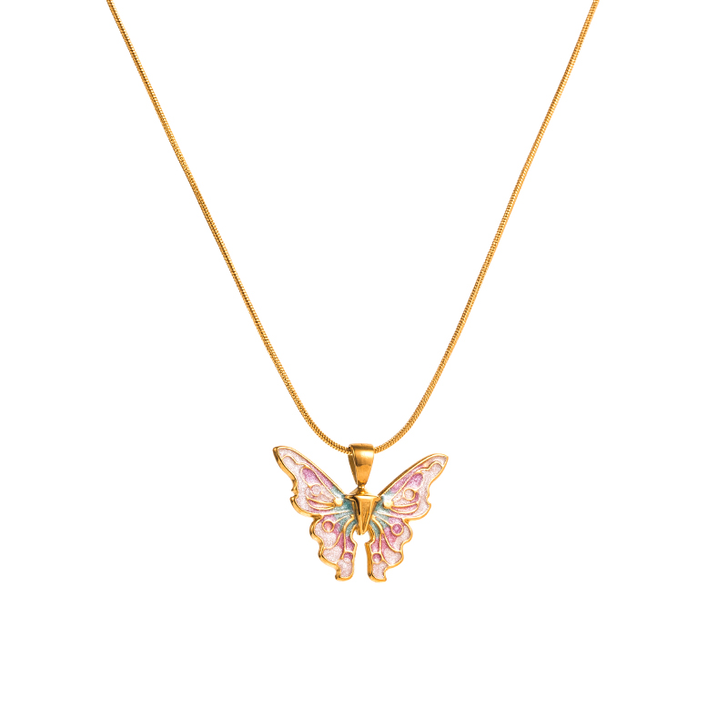 Fashion Rose Butterfly Stainless Steel Gold Plated Pendant Necklace 1 Piece