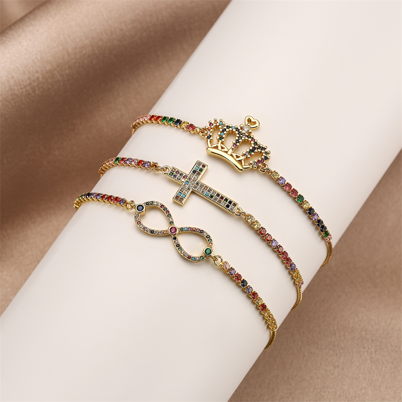 Fashion Cross Number Crown Copper Plating Inlay Zircon Bracelets 1 Piece