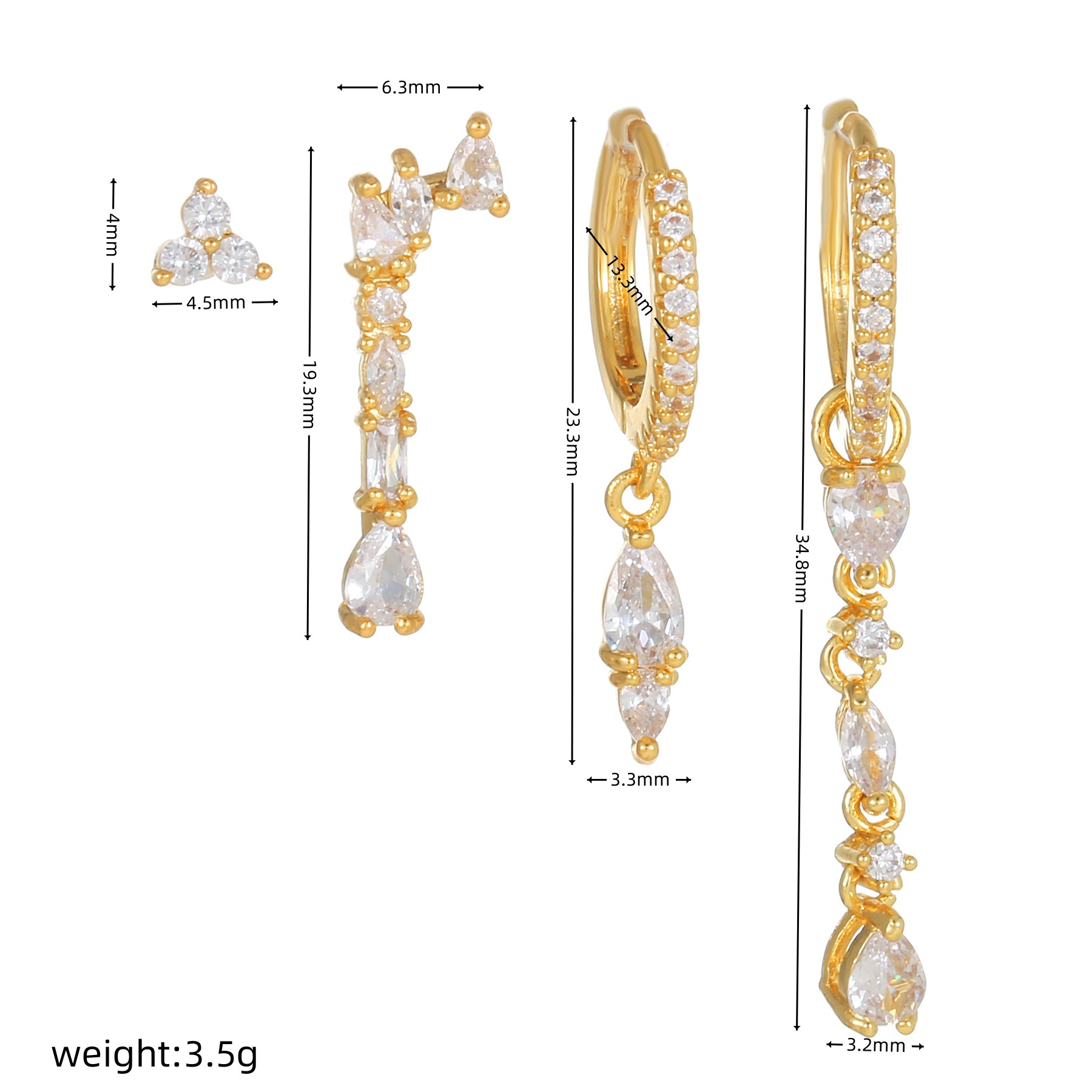 Fashion Water Droplets Copper Inlay Zircon Drop Earrings 4 Piece Set