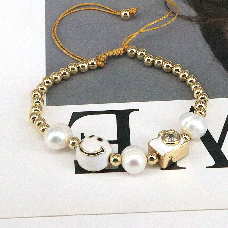 Cute Round Smiley Face Copper Enamel Pearl Inlay Zircon Bracelets 1 Piece