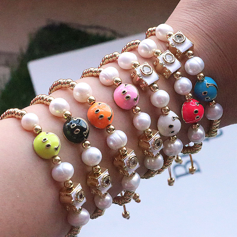 Cute Round Smiley Face Copper Enamel Pearl Inlay Zircon Bracelets 1 Piece