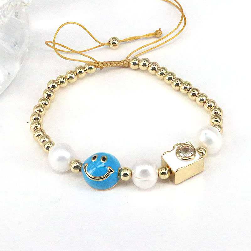 Cute Round Smiley Face Copper Enamel Pearl Inlay Zircon Bracelets 1 Piece