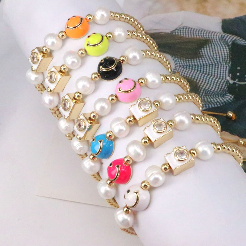 Cute Round Smiley Face Copper Enamel Pearl Inlay Zircon Bracelets 1 Piece