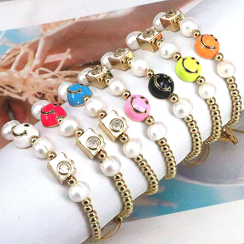 Cute Round Smiley Face Copper Enamel Pearl Inlay Zircon Bracelets 1 Piece