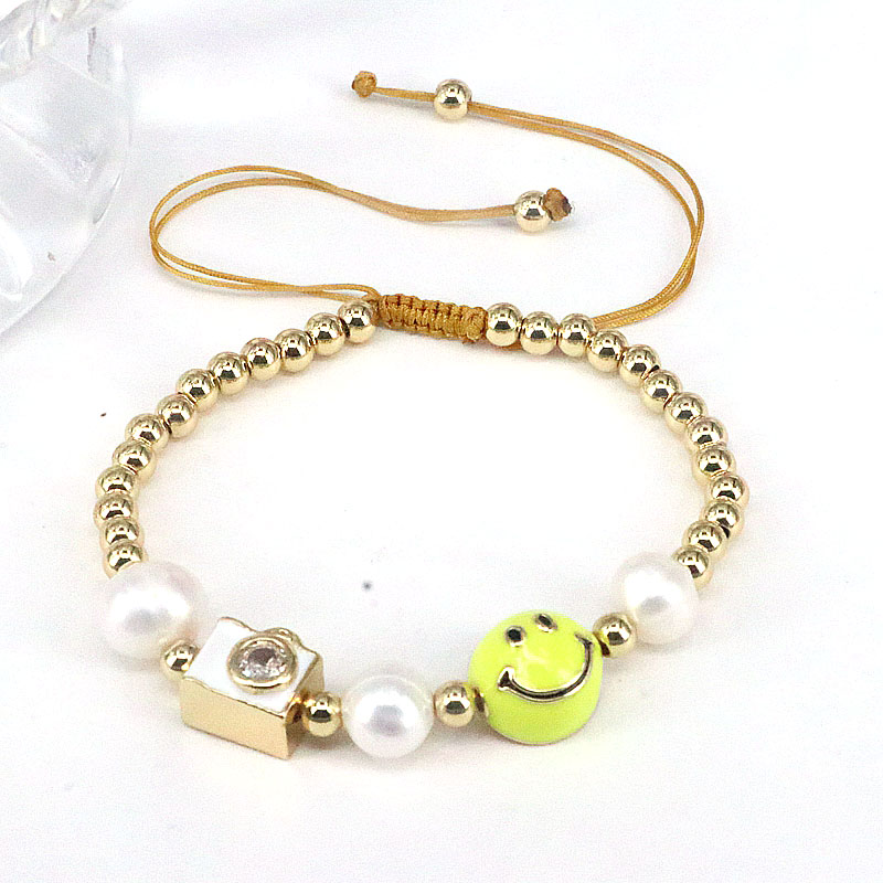 Cute Round Smiley Face Copper Enamel Pearl Inlay Zircon Bracelets 1 Piece