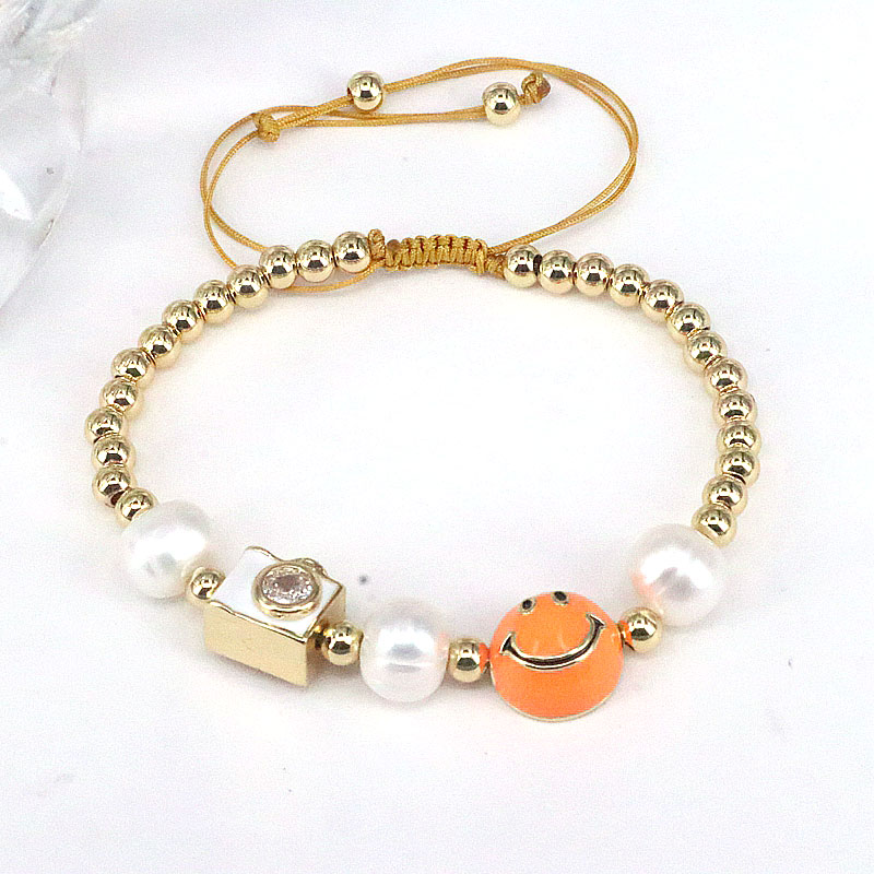 Cute Round Smiley Face Copper Enamel Pearl Inlay Zircon Bracelets 1 Piece