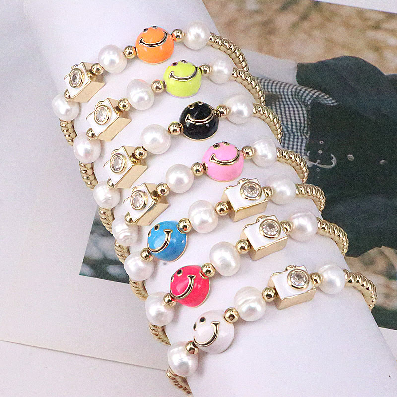 Cute Round Smiley Face Copper Enamel Pearl Inlay Zircon Bracelets 1 Piece