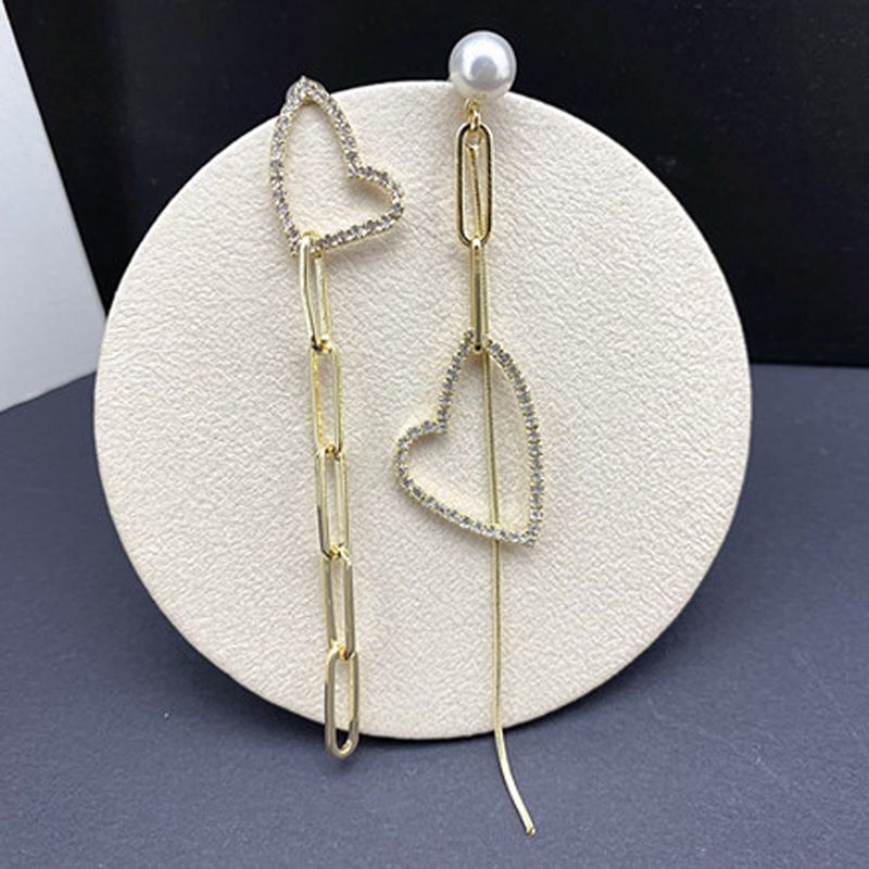 Fashion Heart Shape Copper Asymmetrical Inlay Artificial Diamond Pearl Drop Earrings 1 Pair