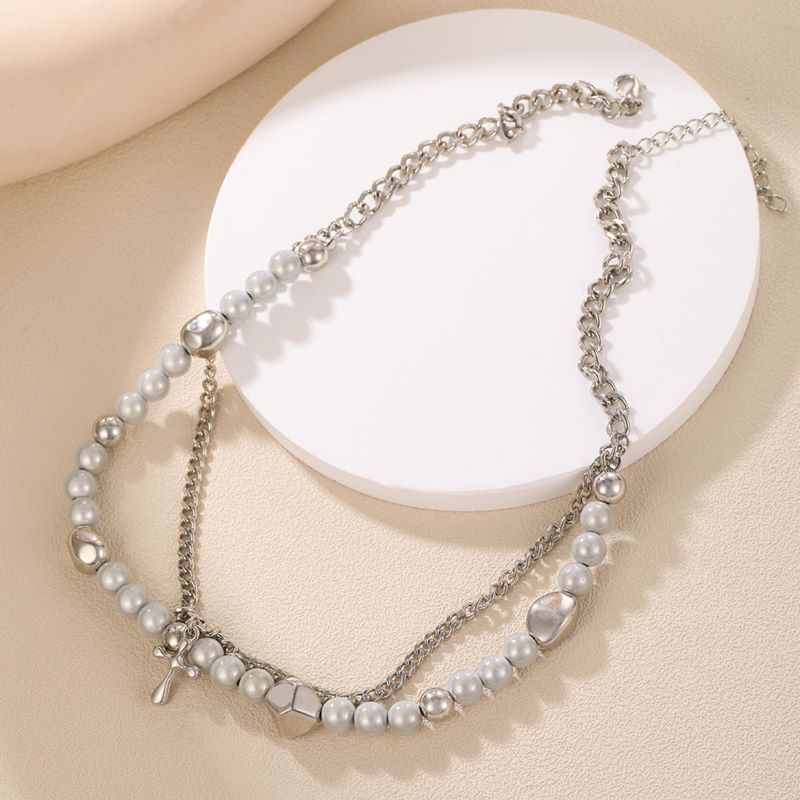 Punk Cross Alloy Pearl Womenu0027S Layered Necklaces 1 Piece