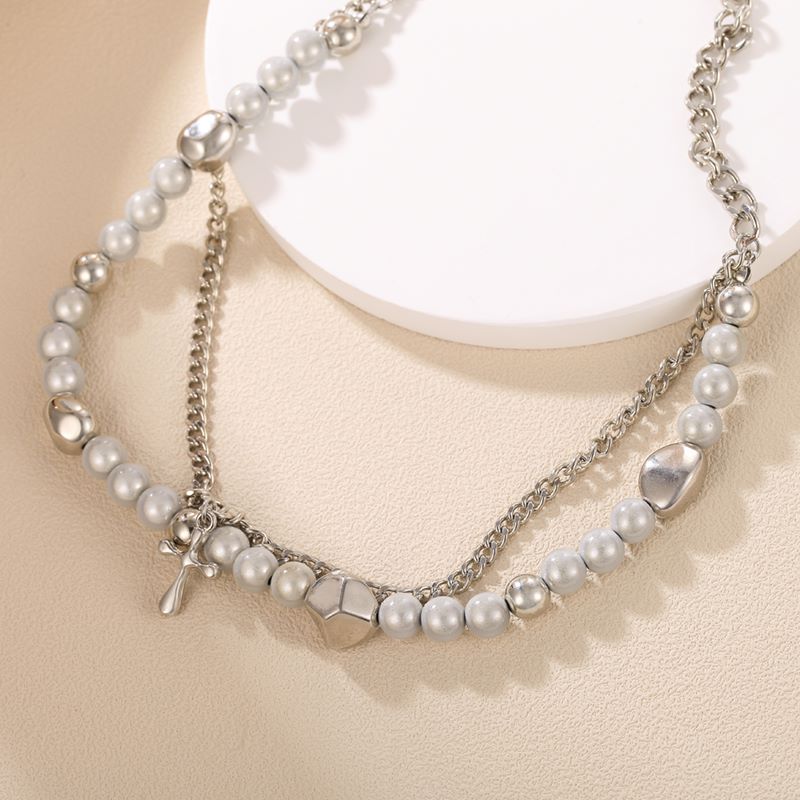 Punk Cross Alloy Pearl Womenu0027S Layered Necklaces 1 Piece