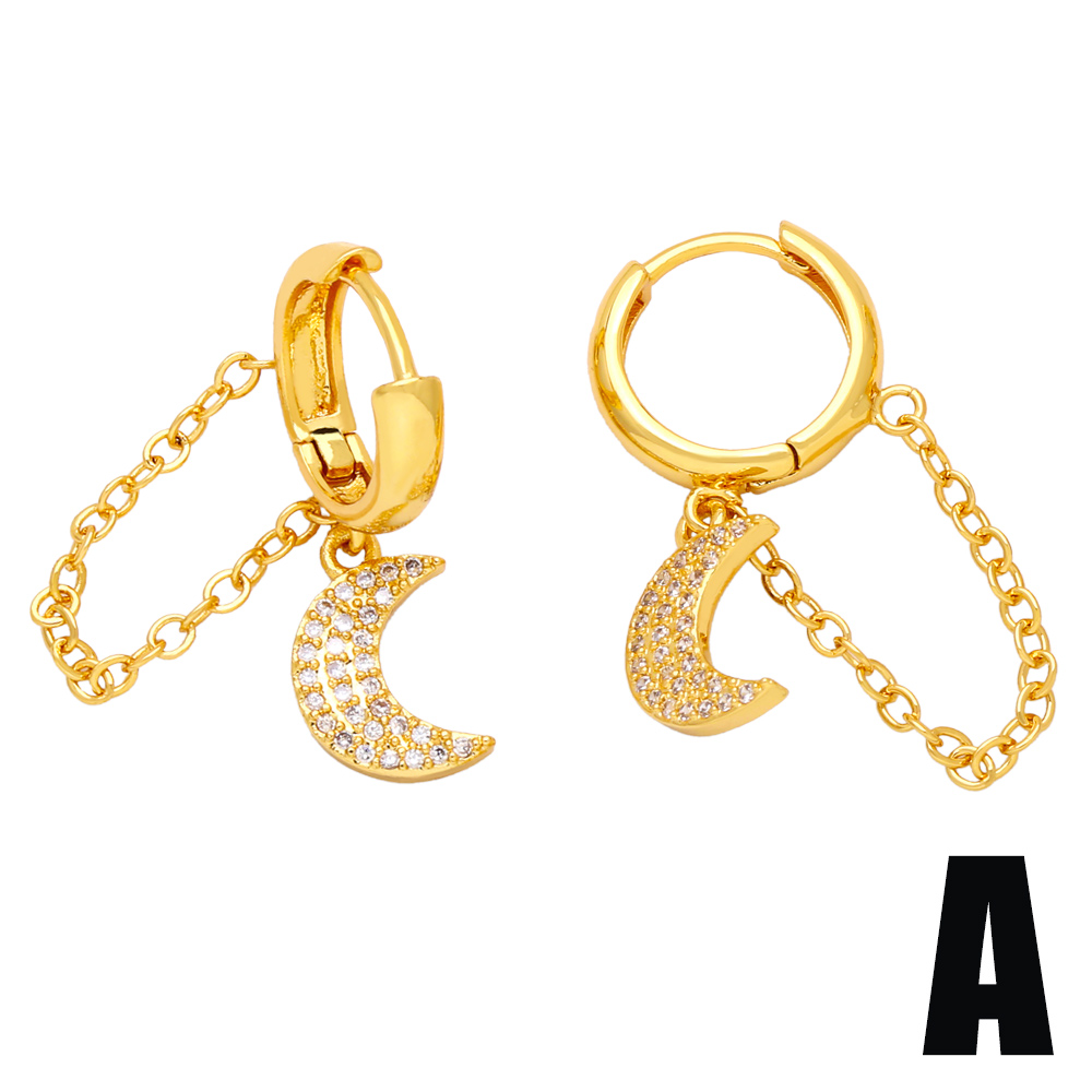 Fashion Star Moon Heart Shape Copper Plating Chain Zircon Drop Earrings 1 Pair