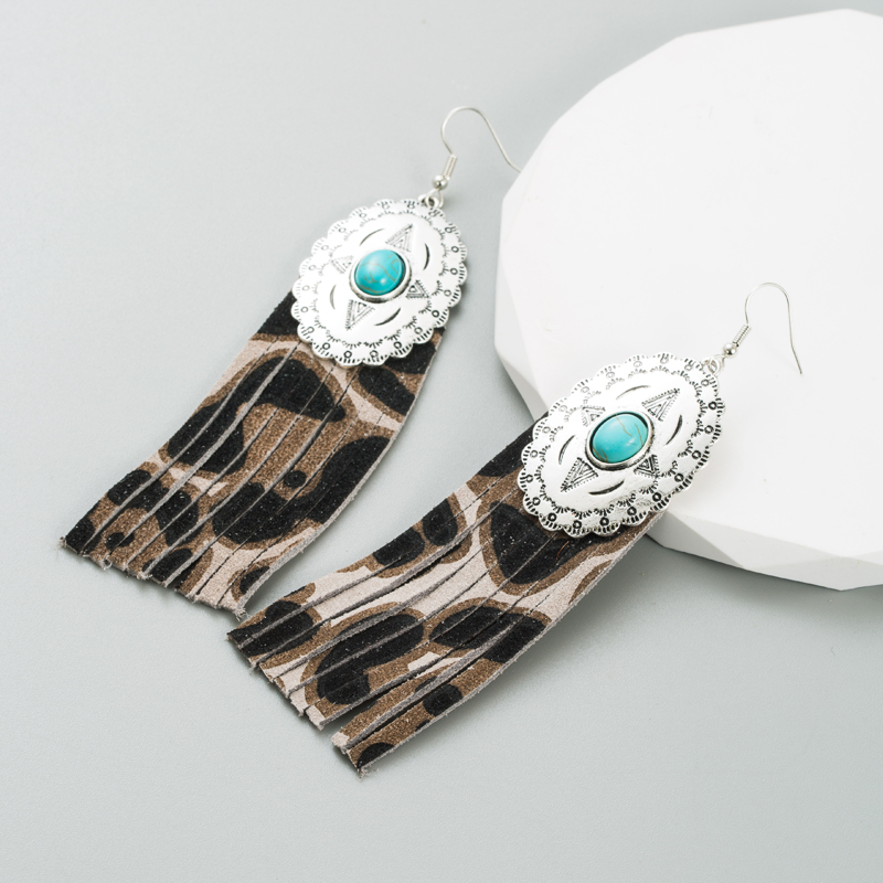 Ethnic Style Oval Leopard Pu Leather Alloy Inlay Turquoise Womenu0027S Earrings 1 Pair