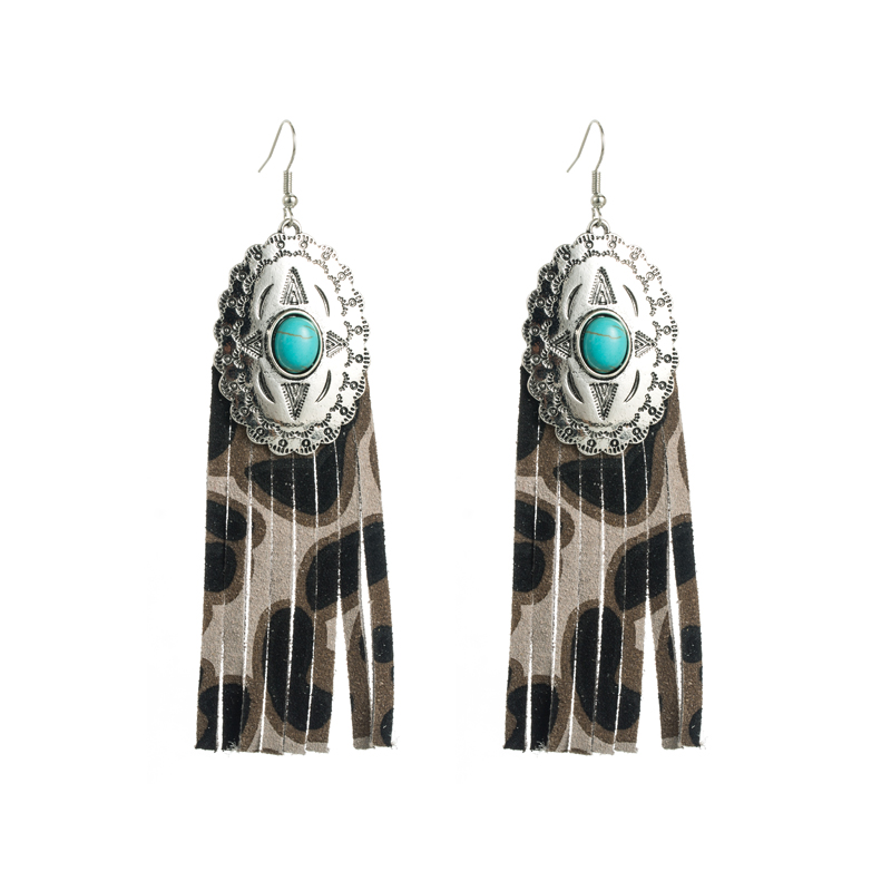 Ethnic Style Oval Leopard Pu Leather Alloy Inlay Turquoise Womenu0027S Earrings 1 Pair