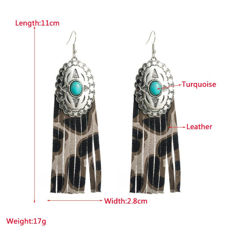 Ethnic Style Oval Leopard Pu Leather Alloy Inlay Turquoise Womenu0027S Earrings 1 Pair