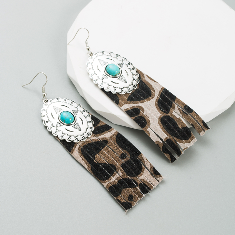 Ethnic Style Oval Leopard Pu Leather Alloy Inlay Turquoise Womenu0027S Earrings 1 Pair