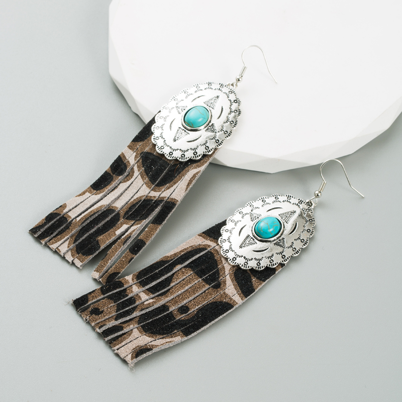 Ethnic Style Oval Leopard Pu Leather Alloy Inlay Turquoise Womenu0027S Earrings 1 Pair