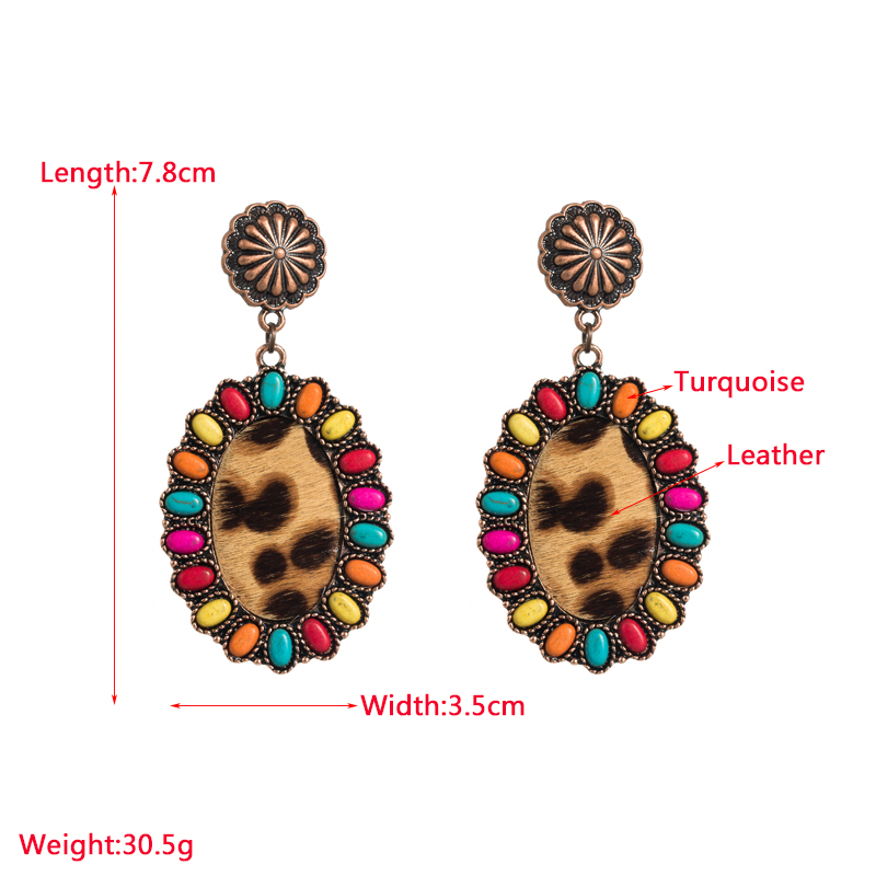 Vintage Style Oval Leopard Pu Leather Alloy Inlay Turquoise Womenu0027S Earrings 1 Pair