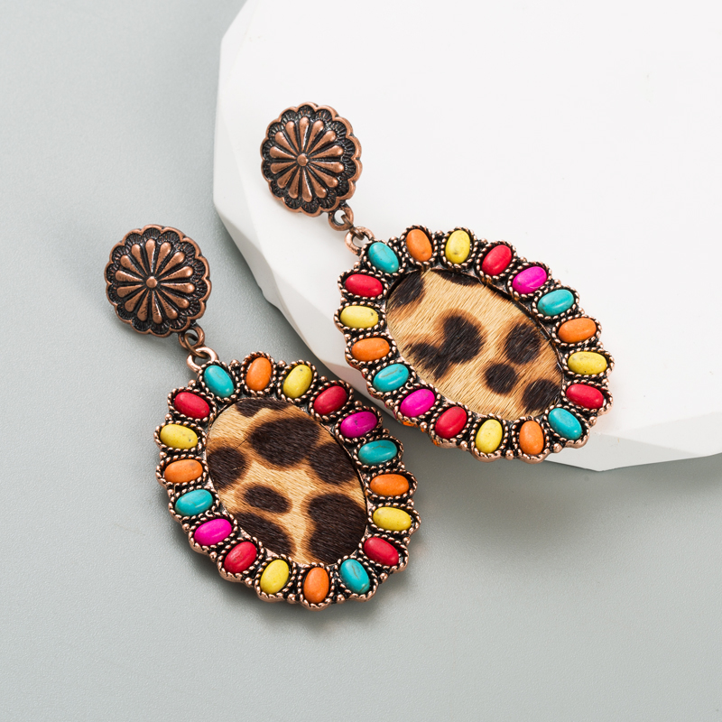 Vintage Style Oval Leopard Pu Leather Alloy Inlay Turquoise Womenu0027S Earrings 1 Pair