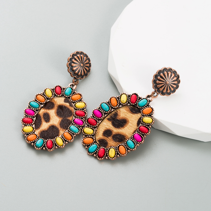 Vintage Style Oval Leopard Pu Leather Alloy Inlay Turquoise Womenu0027S Earrings 1 Pair