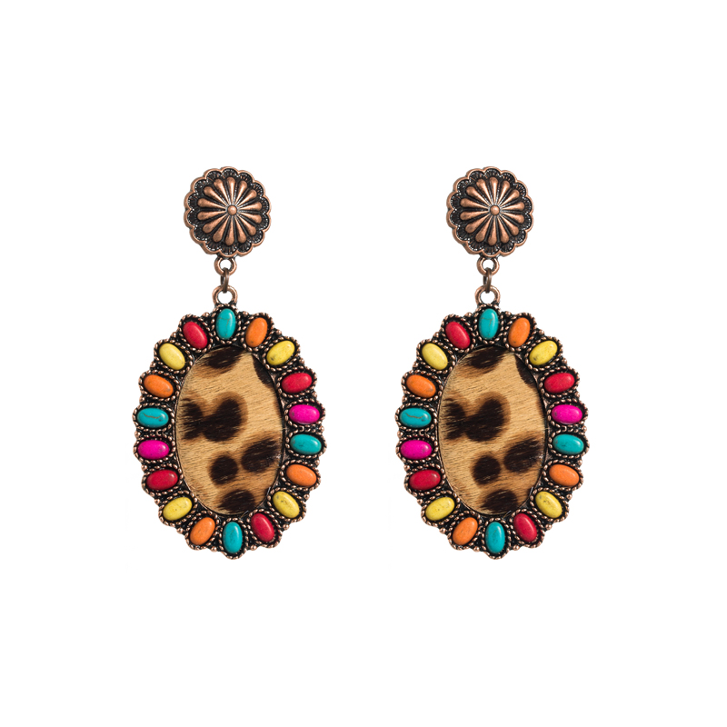 Vintage Style Oval Leopard Pu Leather Alloy Inlay Turquoise Womenu0027S Earrings 1 Pair