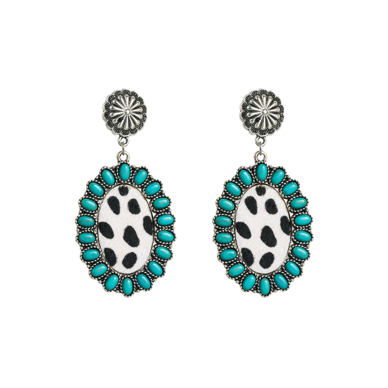 Vintage Style Oval Leopard Pu Leather Alloy Inlay Turquoise Womenu0027S Earrings 1 Pair