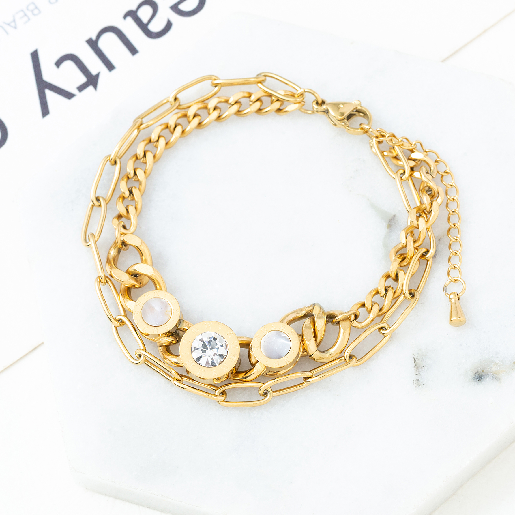 Retro Round Butterfly Stainless Steel Gold Plated Inlay Shell Zircon Bracelets 1 Piece