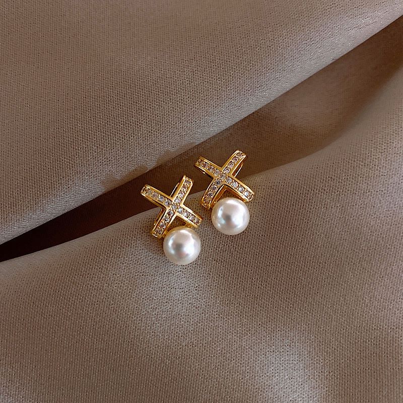 Elegant Geometric Copper Gold Plated Artificial Pearls Zircon Ear Studs 1 Pair