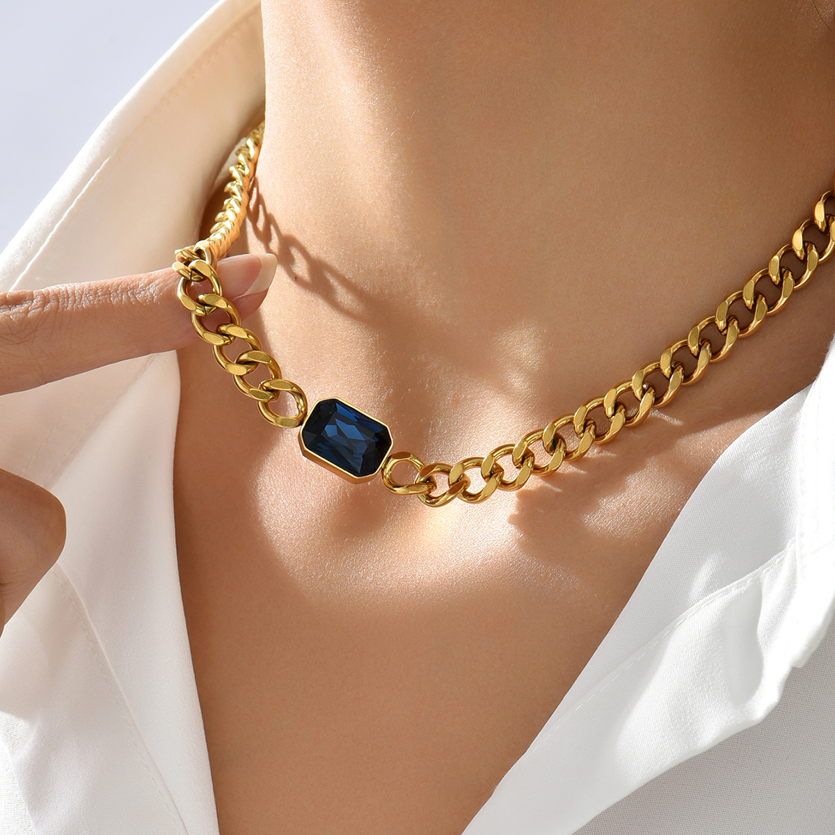 Fashion Rectangle Stainless Steel Plating Zircon Necklace 1 Piece