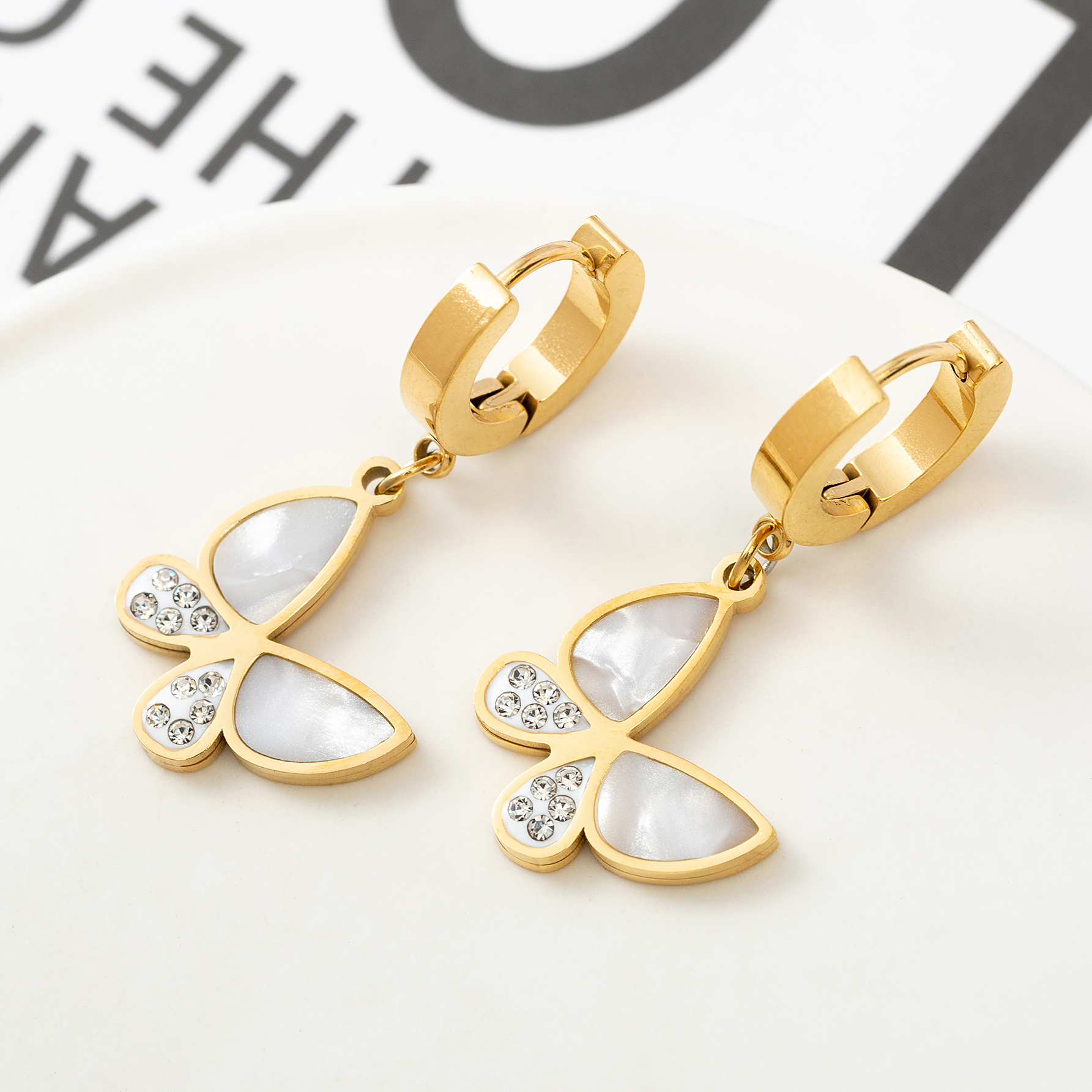 Fashion Butterfly Titanium Steel Polishing Plating Inlay Shell Zircon Drop Earrings 1 Pair
