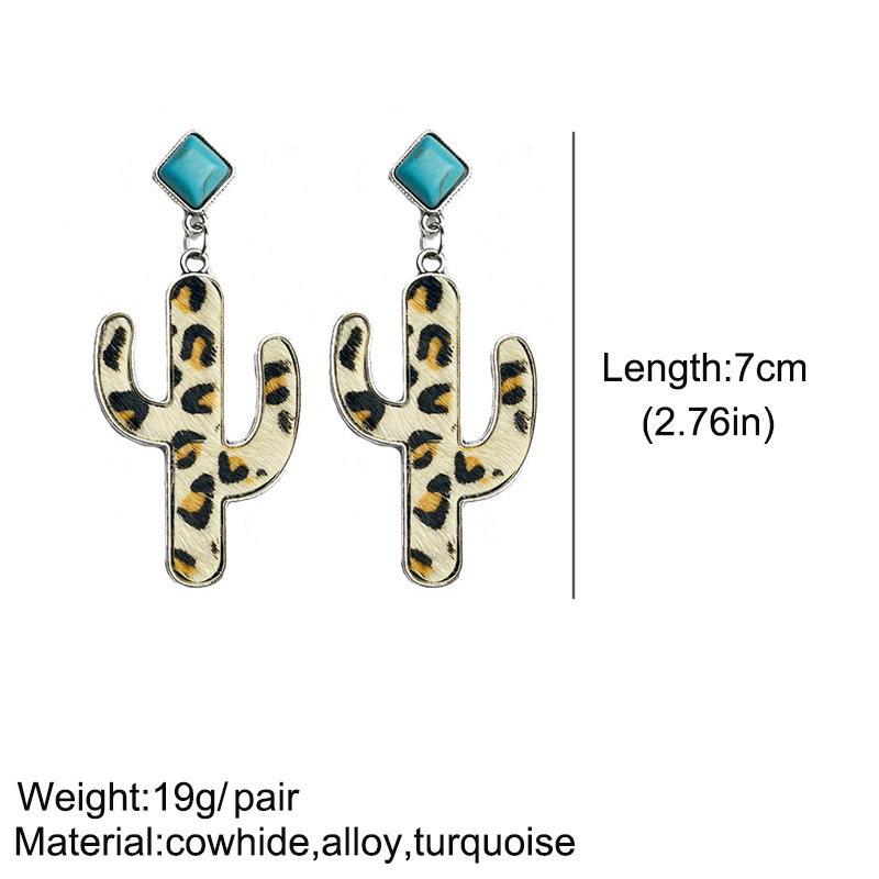 1 Pair Retro Cactus Leopard Pu Leather Alloy Inlay Turquoise Womenu0027S Drop Earrings