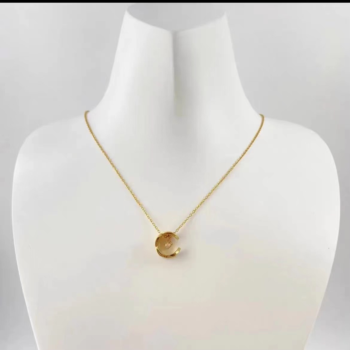 Fashion Moon Titanium Steel Gold Plated Rhinestones Pendant Necklace