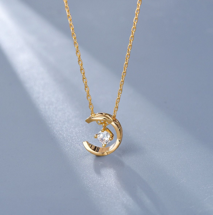 Fashion Moon Titanium Steel Gold Plated Rhinestones Pendant Necklace