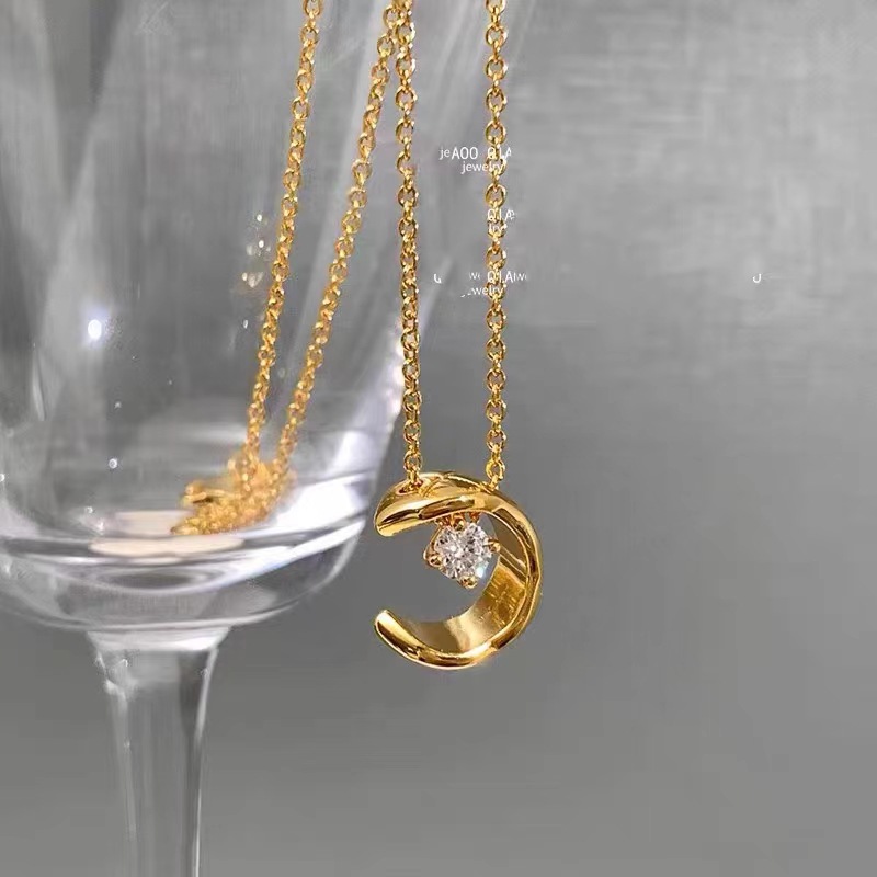 Fashion Moon Titanium Steel Gold Plated Rhinestones Pendant Necklace