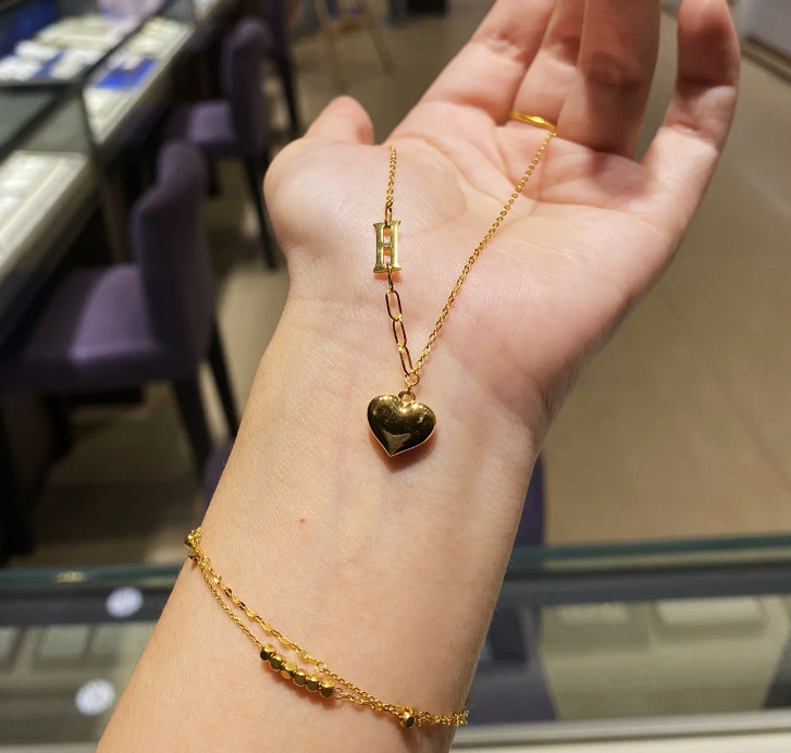 Fashion Heart Shape Titanium Steel Gold Plated Pendant Necklace