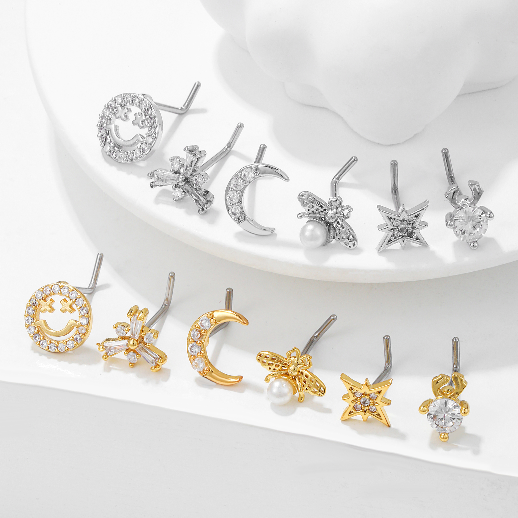 Fashion Animal Moon Smiley Face Brass Inlay Pearl Zircon Nose studs 1 Piece