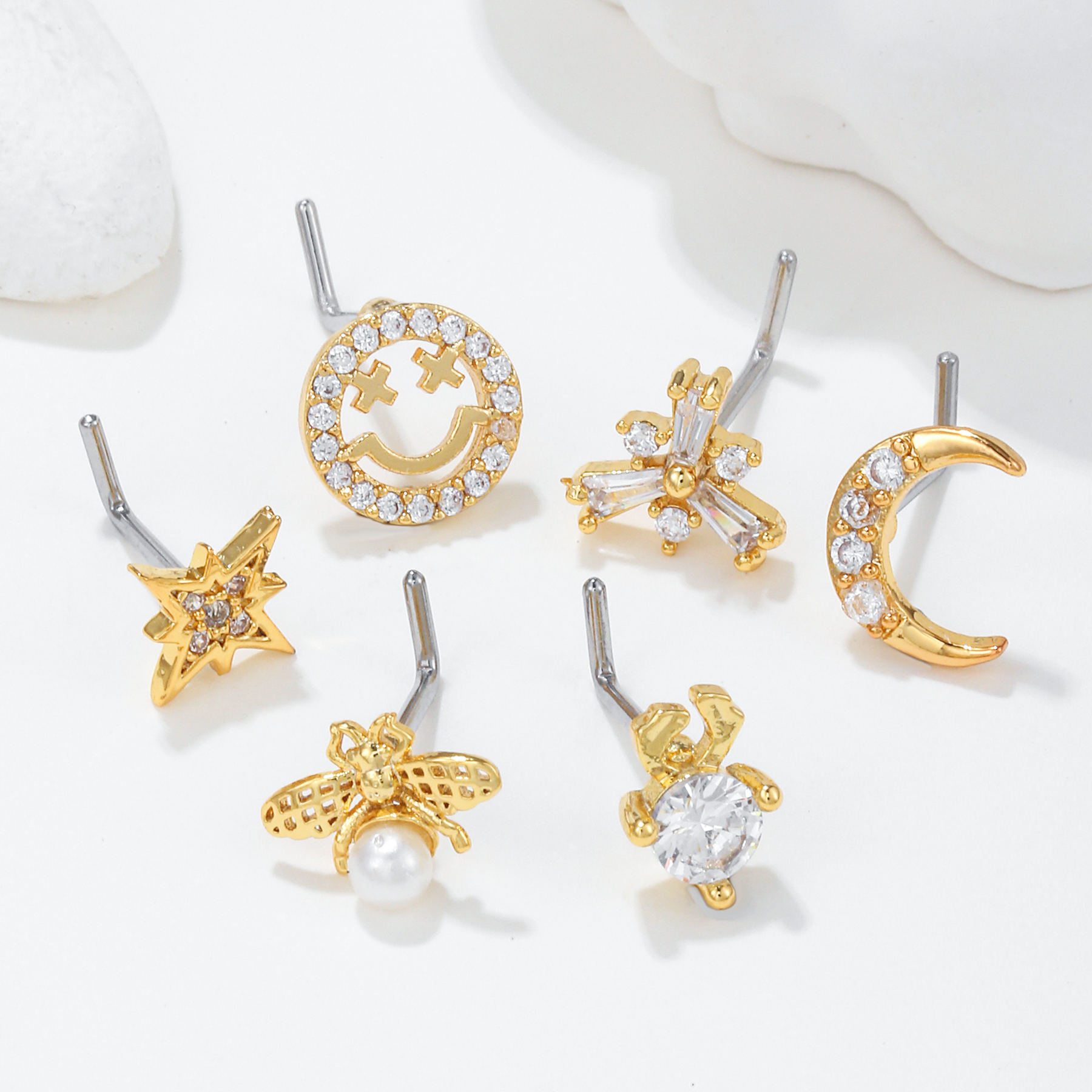 Fashion Animal Moon Smiley Face Brass Inlay Pearl Zircon Nose studs 1 Piece