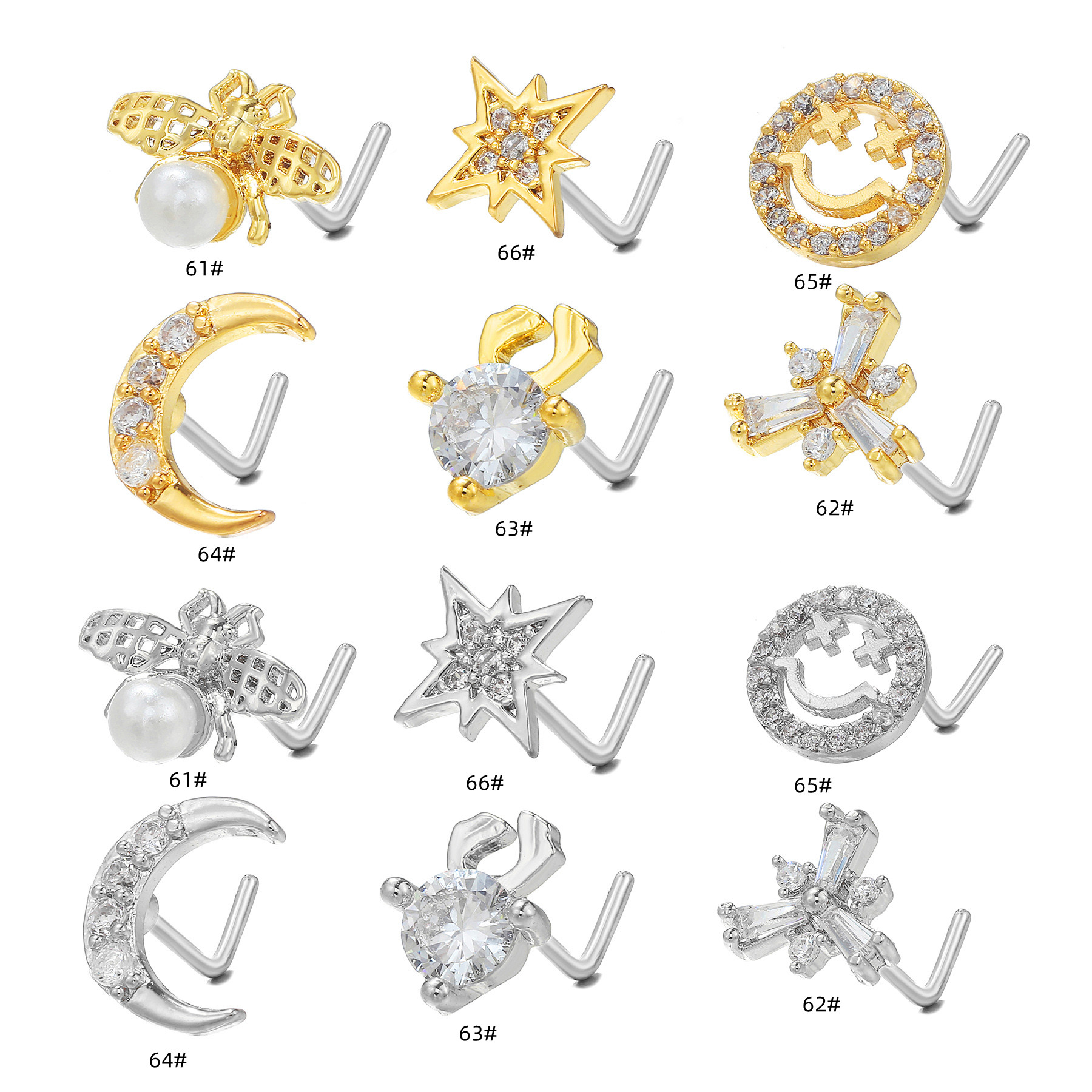 Fashion Animal Moon Smiley Face Brass Inlay Pearl Zircon Nose studs 1 Piece