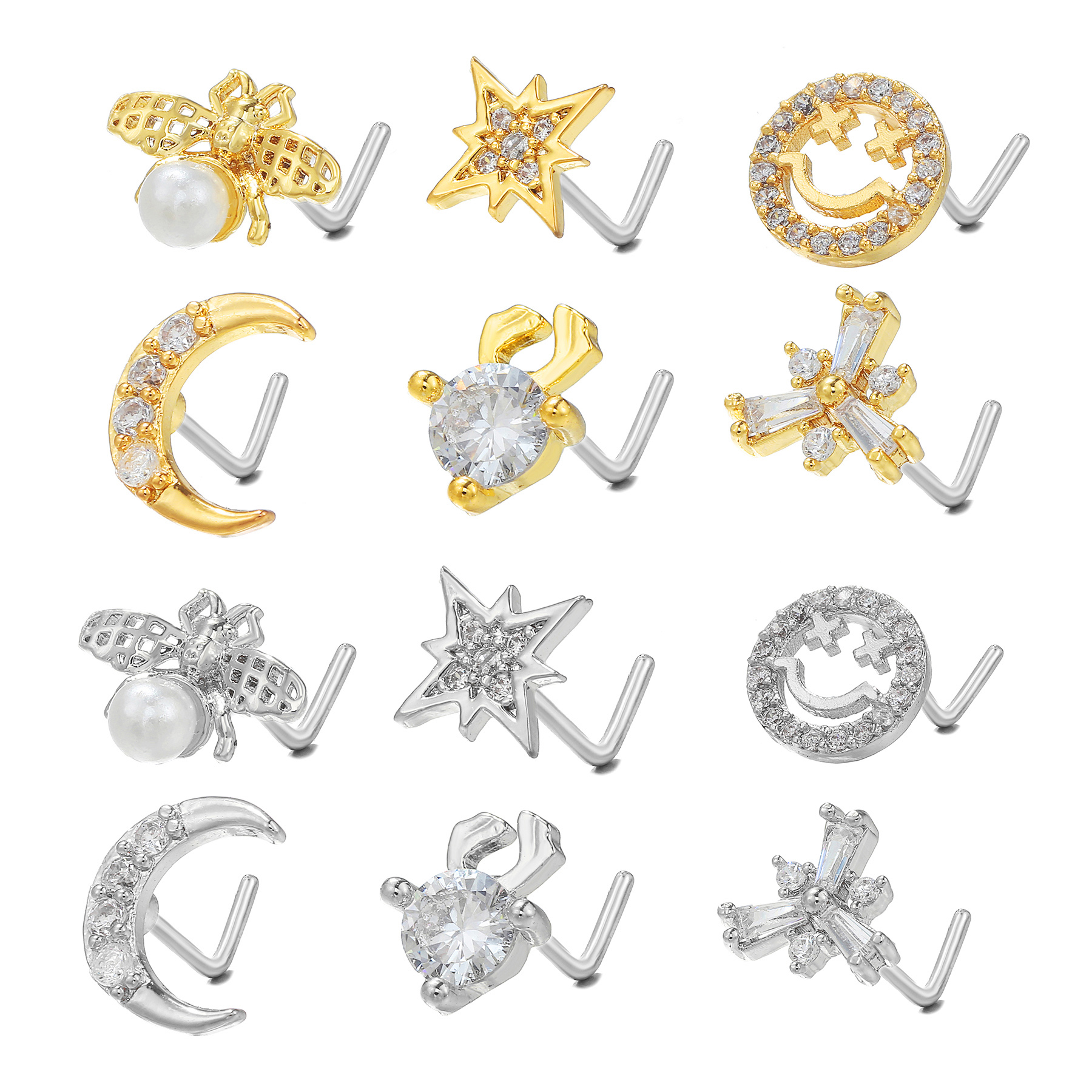 Fashion Animal Moon Smiley Face Brass Inlay Pearl Zircon Nose studs 1 Piece